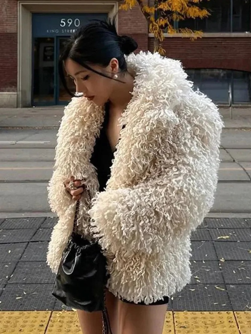 Cream Curly Faux-Shearling Coat for Women